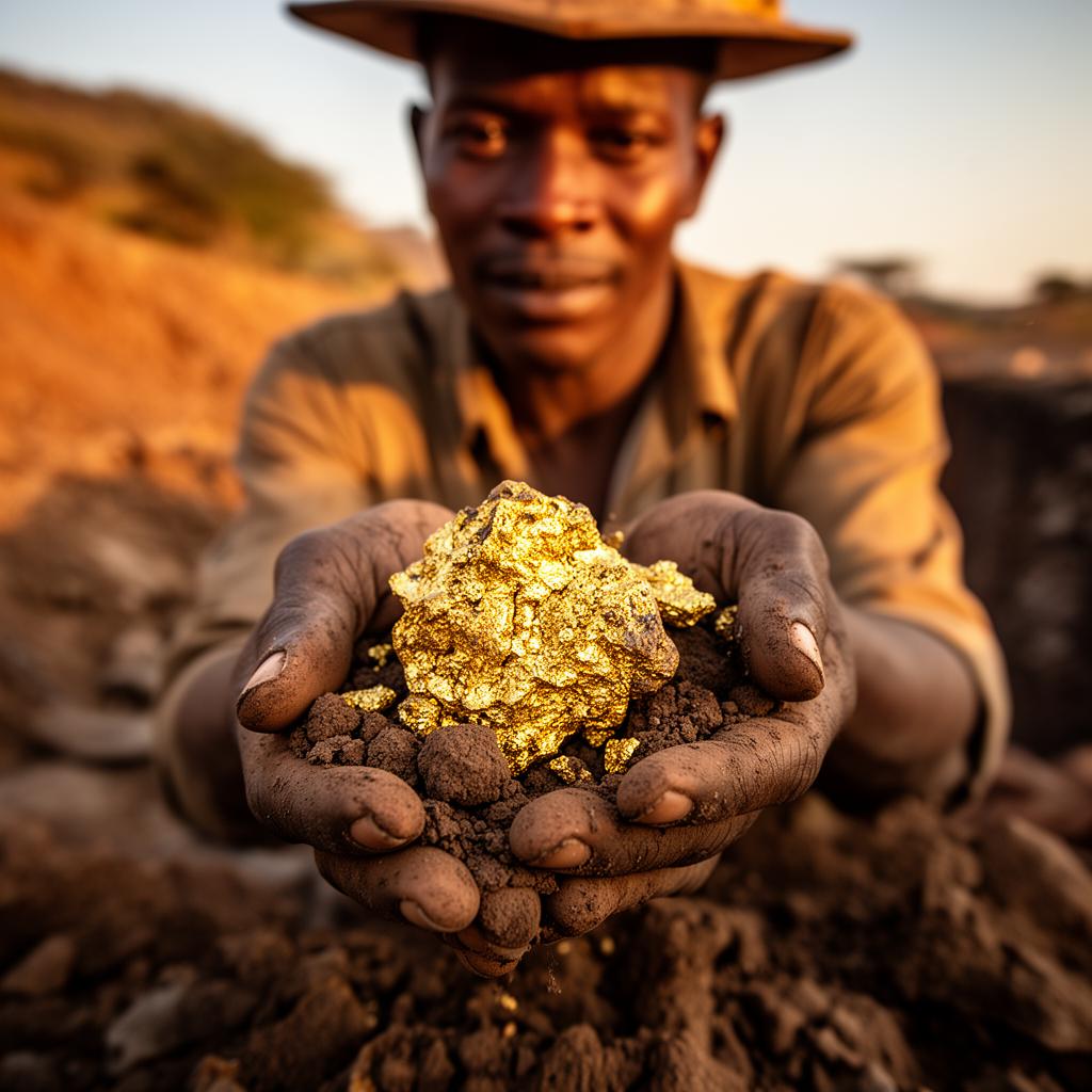 Artisanal miner holding raw gold ore